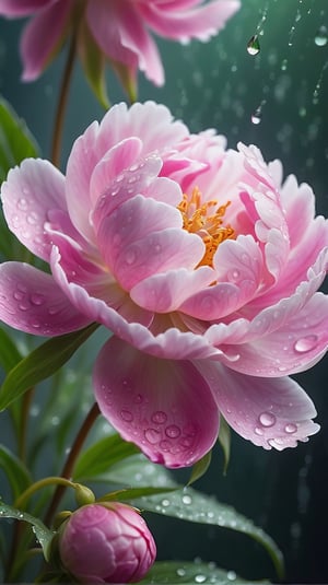 (best quality,8K,highres,masterpiece), ultra-detailed, hyper-realistic image of a dew-covered peony flower at an microscopic level, Capture the intricate details of the flower’s cellular structure, the delicate interplay of light and shadow on its vibrant petals, and the glistening droplets of morning dew clinging to the fine hairs,The background should be a soft, out-of-focus green that suggests the natural environment without detracting from the flower’s stunning details, Emphasize the contrast between the flower’s soft textures and the sharp clarity of the water droplets.