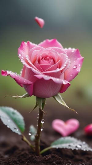  blurred background, a pink rose with 2 leaves sprouting from the soil and covered in dew, vibrant and flawless, (falling petals:1.2),and the petals falling to the ground and formed a heart shape,close-up shot.
photorealistic

