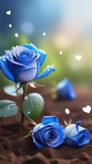 blue blooming roses growing from the soil,delicate and voluptuous covered by dew in soft brigh light,(falling petals),(blur background),and the petals formed a lovely heart on the ground,
photorealistic

