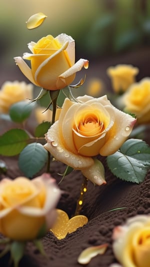 yellow blooming roses growing from the soil,delicate and voluptuous covered by dew in soft brigh light,(falling petals),(blur background),and the petals formed a lovely heart on the ground,

realistic,photo_(medium),photorealistic

