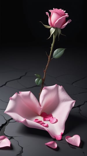 blank pure lightblack backround with one pink blooming rose,(the petals are falling),bluring background, and there are many petals makd up a love heart on the ground,with a thin root system,
photorealistic

