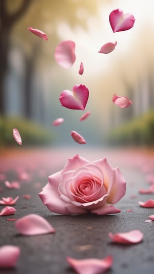 one pink blooming rose,(falling petals),blur background, and the petals formed a heart shape on the ground,
photorealistic

