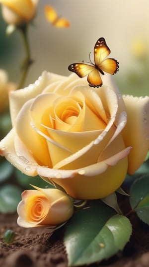 yellow blooming roses growing from the soil,delicate and voluptuous covered by dew in soft brigh light,(falling petals),(blur background),and the petals formed a lovely heart on the ground, little tender butterflies flying around above the roses 
photorealistic

