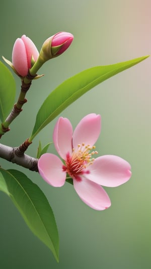 a peach tree branch with one pink flower and one bud, simple pure blank background,colorful, high contrast, detailed flower petals, green leaves, soft natural lighting, delicate and intricate branches, vibrant and saturated colors, high resolution,realistic,masterfully captured,macro detail beautiful 

