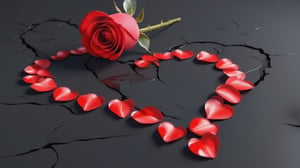blank pure lightblack backround with one  red blooming rose,the petals are falling, and there are many petals makd up a love heart on the ground,with a thin root system,
photorealistic，

