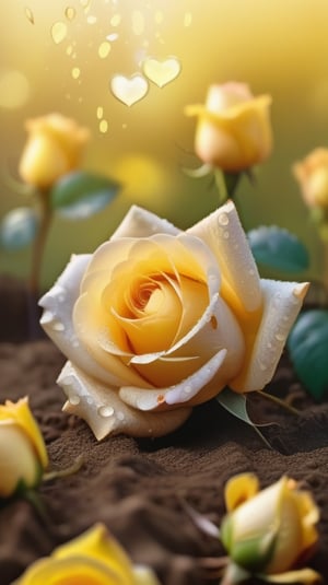 yellow blooming roses grows from the soil,delicate and voluptuous covered with dew in brigh light,(falling petals),(blur background),and the petals formed a lovely heart on the ground,
photorealistic

