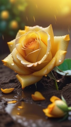 yellow blooming roses grows from the soil,vibrant and dripping with dew in brigh light,(falling petals),(blur background),and the petals formed a lovely heart on the ground,
photorealistic

