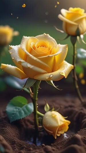 yellow blooming roses grows from the soil,vibrant and dripping with dew in brigh light,(falling petals),(blur background),and the petals formed a lovely heart on the ground,
photorealistic

