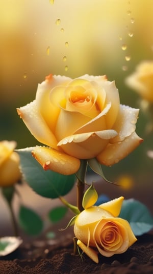 yellow blooming roses grows from the soil,delicate and voluptuous covered with dew in brigh light,(falling petals),(blur background),and the petals formed a lovely heart on the ground,
photorealistic

