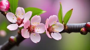 very closeup, a cherry tree branch with flowers, simple lightblack background, sharp focus, colorful, high contrast, detailed flower petals, fresh green leaves, soft natural lighting, delicate and intricate branches, vibrant and saturated colors, high resolution, realistic, fine textures, exquisite details, realistic, bokeh effect, masterfully captured, visually captivating, visually stunning,macro detail beautiful 

realistic,photo_(medium),photorealistic

