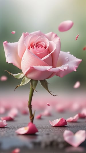 one pink blooming rose,(falling petals),blur background, and the petals formed a heart shape on the ground,
photorealistic

