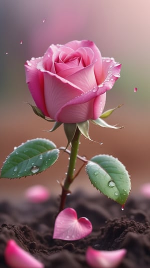  blurred background, a pink rose with 2 leaves sprouting from the soil and covered in dew, vibrant and flawless, (falling petals :1.2), petals falling to the ground and formed a heart shape,close-up shot.
photorealistic

