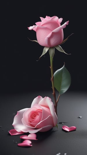blank pure lightblack backround with one pink blooming rose,(the petals are falling),bluring background, and there are many petals makd up a love heart on the ground,with a thin root system,
photorealistic

