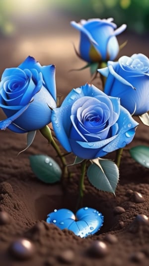 blue blooming roses growing from the soil,delicate and voluptuous covered by dew in soft brigh light,(falling petals),(blur background),and the petals formed a lovely heart on the ground,
photorealistic

