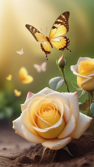 yellow blooming roses growing from the soil,delicate and voluptuous covered by dew in soft brigh light,(falling petals),(blur background),and the petals formed a lovely heart on the ground, little tender butterflies flying around above the roses 
photorealistic

