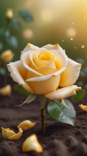 yellow blooming roses growing from the soil,delicate and voluptuous covered by dew in soft brigh light,(falling petals),(blur background),and the petals formed a lovely heart on the ground,

realistic,photo_(medium),photorealistic

