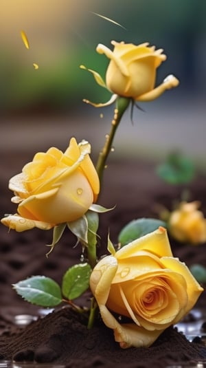 yellow blooming roses grows from the soil,vibrant and dripping with dew like a virgin beauty,(falling petals),(blur background),and the petals formed a lovely heart on the ground,
photorealistic

