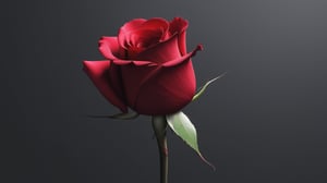 blank pure lightblack backround with one  red blooming rose,the petals are falling on the ground,with a thin root system,
photorealistic，

