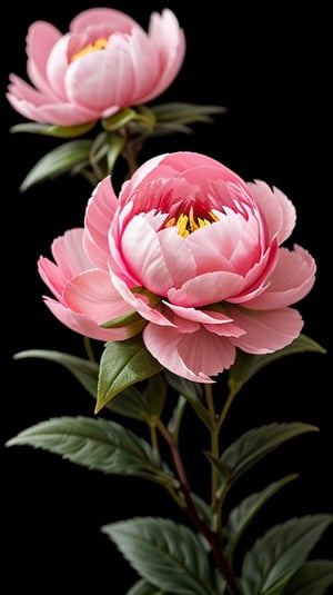 one peony flower with two larger green leaves, colorful, high contrast, detailed, soft natural lighting, vibrant and saturated colors,puer black background, 
empty at the top of the picture

high resolution,realistic,masterfully captured,macro detail beautiful 

