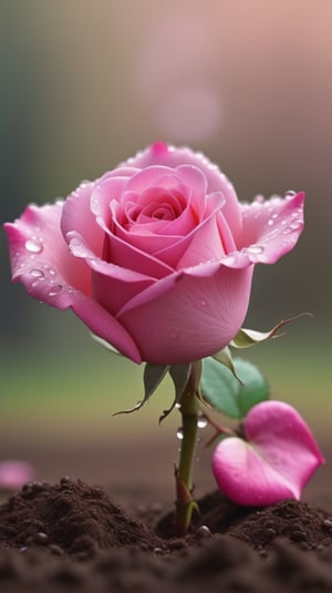  blurred background, a pink rose with 2 leaves sprouting from the soil and covered in dew, vibrant and flawless, (falling petals :1.2), petals falling to the ground and formed a heart shape,close-up shot.
photorealistic

