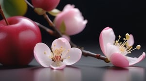 tender crabapple flower and buds,
,delicate and voluptuous covered by drew in morning  soft brigh light,(falling petals),(blur pure simple lightblack background), a lovely heart made by petals on the ground,

realistic,photo_(medium),photorealistic

