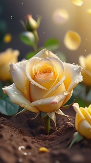 yellow blooming roses growing from the soil,delicate and voluptuous covered by dew in soft brigh light,(falling petals),(blur background),and the petals formed a lovely heart on the ground,
photorealistic

