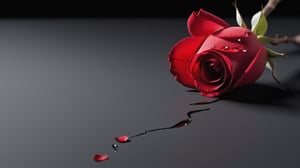 blank pure lightblack backround with one  red blooming rose,the petals are falling on the ground,with a thin root system,
photorealistic，

