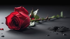 blank pure lightblack backround with one  red blooming rose,beautiful and lustful,the petals are falling on the ground,with a thin root system,
photorealistic，

