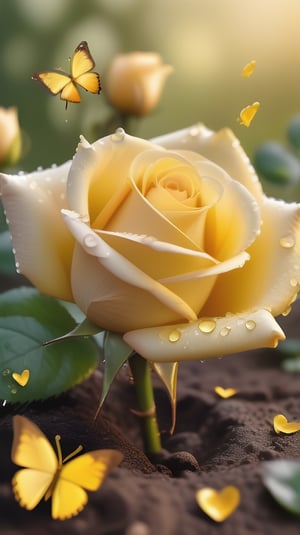 yellow blooming roses growing from the soil,delicate and voluptuous covered by dew in soft brigh light,(falling petals),(blur background),and the petals formed a lovely heart on the ground, little tender butterflies flying around above the roses 
photorealistic

