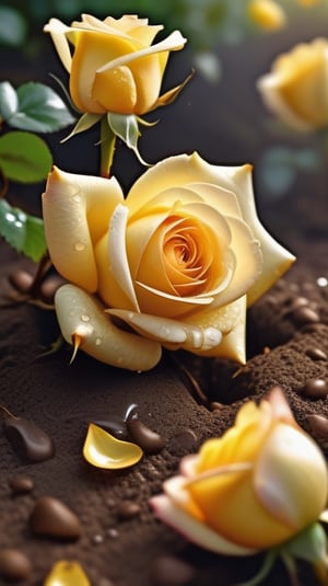 yellow blooming roses growing from the soil,delicate and voluptuous covered by dew in soft brigh light,(falling petals),(blur background),and the petals formed a lovely heart on the ground,
photorealistic

