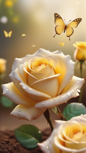 yellow blooming roses growing from the soil,delicate and voluptuous covered by dew in soft brigh light,(falling petals),(blur background),and the petals formed a lovely heart on the ground, little tender butterflies flying around above the roses 
photorealistic

