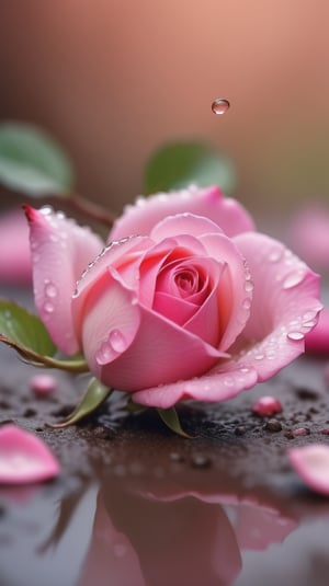  blurred background, a pink rose with 2 leaves sprouting from the soil and covered in dew, vibrant and flawless, (falling petals:1.2),and the petals falling to the ground and formed a heart shape,close-up shot.
photorealistic

