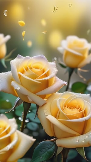 yellow blooming roses  ,delicate and voluptuous covered by dew in brigh light,(falling petals),(blur background),and the petals formed a lovely heart on the ground,
photorealistic

