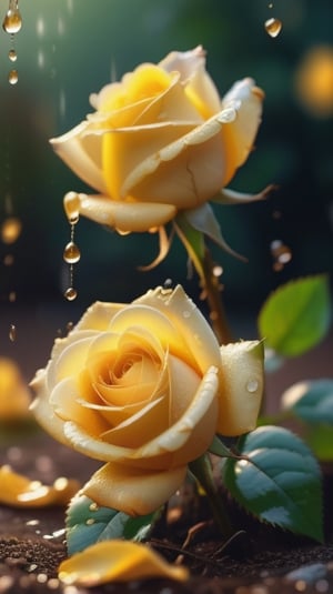 yellow blooming roses grows from the soil,vibrant and dripping with dew in brigh light,(falling petals),(blur background),and the petals formed a lovely heart on the ground,
photorealistic

