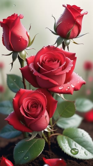 red roses and buds with two larger leaves growing from the soil,delicate and voluptuous covered by dew in soft brigh light,(falling petals),(blur background),and the petals formed a lovely heart on the ground,

realistic,photo_(medium),photorealistic

