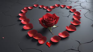 blank pure lightblack backround with one  red blooming rose,the petals are falling, and there are many petals formed a love heart on the ground,with a thin root system,
photorealistic，

