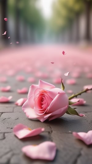 one pink blooming rose,(falling petals),blur background, and the petals formed a heart shape on the ground,
photorealistic

