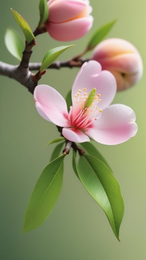 a peach tree branch with one pink flower and one bud, simple pure blank background,colorful, high contrast, detailed flower petals, green leaves, soft natural lighting, delicate and intricate branches, vibrant and saturated colors, high resolution,realistic,masterfully captured,macro detail beautiful 

