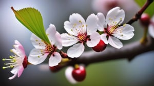 very closeup, a cherry tree branch with flowers, simple lightblack background, sharp focus, colorful, high contrast, detailed flower petals, fresh green leaves, soft natural lighting, delicate and intricate branches, vibrant and saturated colors, high resolution, realistic, fine textures, exquisite details, realistic, bokeh effect, masterfully captured, visually captivating, visually stunning,macro detail beautiful 

realistic,photo_(medium),photorealistic

