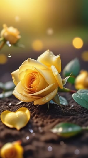 yellow blooming roses grows from the soil,delicate and voluptuous covered by dew in brigh light,(falling petals),(blur background),and the petals formed a lovely heart on the ground,
photorealistic

