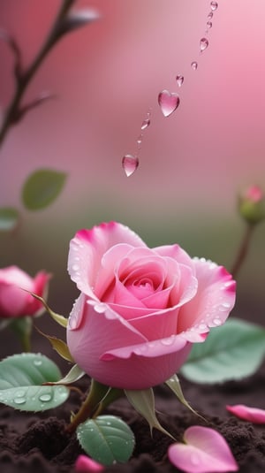  blurred background, a pink rose with 2 leaves sprouting from the soil and covered in dew, vibrant and flawless, (falling petals:1.2),and the petals falling to the ground and formed a heart shape
photorealistic

