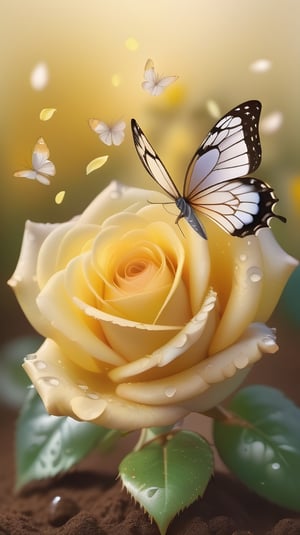 yellow blooming roses growing from the soil,delicate and voluptuous covered by dew in soft brigh light,(falling petals),(blur background),and the petals formed a lovely heart on the ground, little tender butterflies flying around above the roses 
photorealistic

