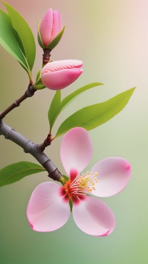 a peach tree branch with one pink flower and one bud, simple pure blank background,colorful, high contrast, detailed flower petals, green leaves, soft natural lighting, delicate and intricate branches, vibrant and saturated colors, high resolution,realistic,masterfully captured,macro detail beautiful 

