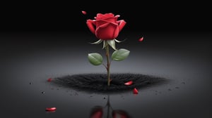 blank pure lightblack backround with one  red blooming rose,the petals are falling on the ground,with a thin root system,
photorealistic，

