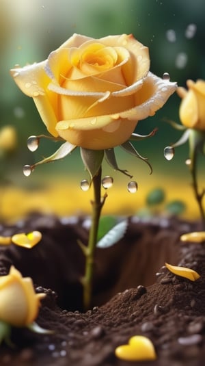 yellow blooming roses grows from the soil,vibrant and dripping with dew like a virgin beauty,(falling petals),(blur background),and the petals formed a lovely heart on the ground,
photorealistic

