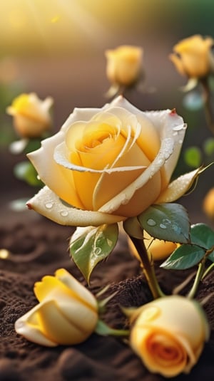 yellow blooming roses growing from the soil,delicate and voluptuous covered by dew in soft brigh light,(falling petals),(blur background),and the petals formed a lovely heart on the ground,
photorealistic

