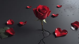 blank pure lightblack backround with one  red blooming rose,the petals are falling, and there are many petals formed a love heart on the ground,with a thin root system,
photorealistic，

