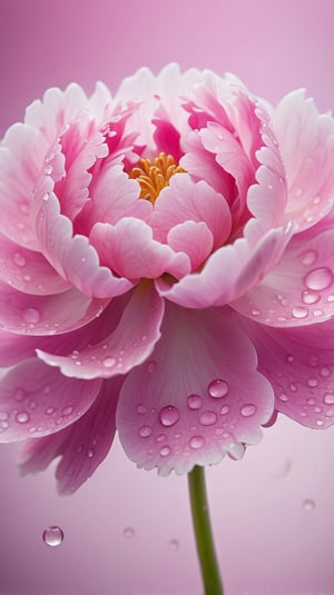 (best quality,8K,highres,masterpiece), ultra-detailed, hyper-realistic image of a dew-covered peony flower at an microscopic level, Capture the intricate details of the flower’s cellular structure, the delicate interplay of light and shadow on its vibrant pink and yellow petals, and the glistening droplets of morning dew clinging to the fine hairs,The background should be a soft, out-of-focus green that suggests the natural environment without detracting from the flower’s stunning details, Emphasize the contrast between the flower’s soft textures and the sharp clarity of the water droplets.
