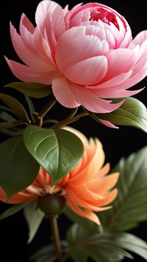 one peony flower with two larger green leaves, colorful, high contrast, detailed, soft natural lighting, vibrant and saturated colors,puer black background, 
empty at the top of the picture

high resolution,realistic,masterfully captured,macro detail beautiful 

