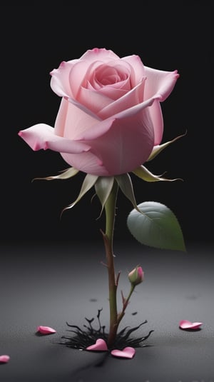 blank pure lightblack backround with one pink blooming rose,the petals are falling, and there are many petals makd up a love heart on the ground,with a thin root system,
photorealistic

